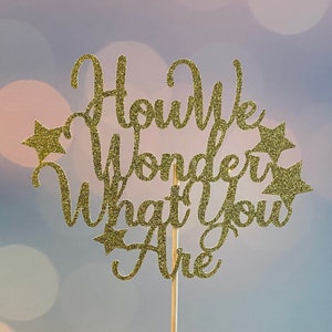 How we wonder what you are Twinkle Twinkle little star cake topper glitter cardstock- more colors baby shower cake topper gender reveal