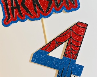 Personalized Spider Birthday cake topper set. Glitter cardstock Any Number and name