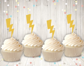 Lightening bolt Glitter cupcake toppers- more color choices- lightening cupcake toppers