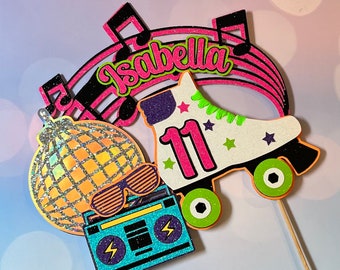 Roller skating birthday cake topper glitter cake topper Any number and name roller skating party roller skate cake topper retro cake topper