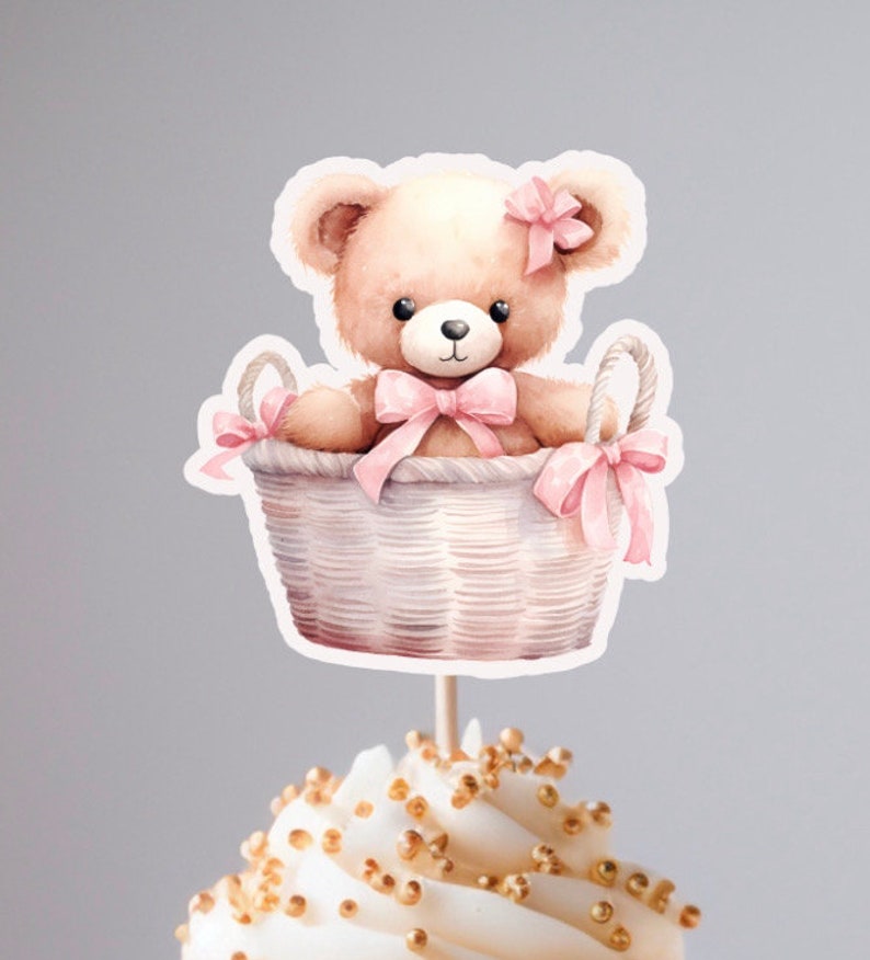 Pink Teddy Bear in Basket Watercolor Cupcake Toppers Baby Shower ...