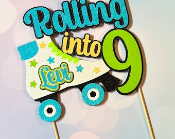 Roller skating birthday cake topper glitter cake topper Any number and name roller skating party roller skate cake topper retro cake topper