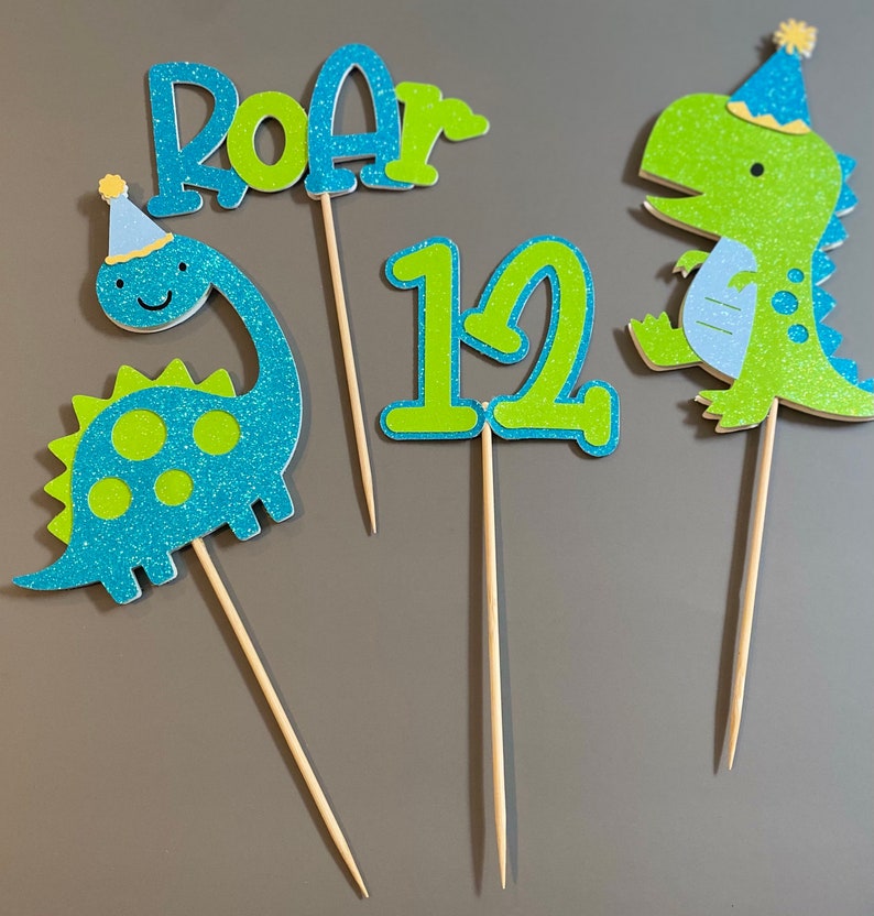 Party Hat Dinosaur cake topper set glitter ANY AGE Dino cake toppers single sided or double sided