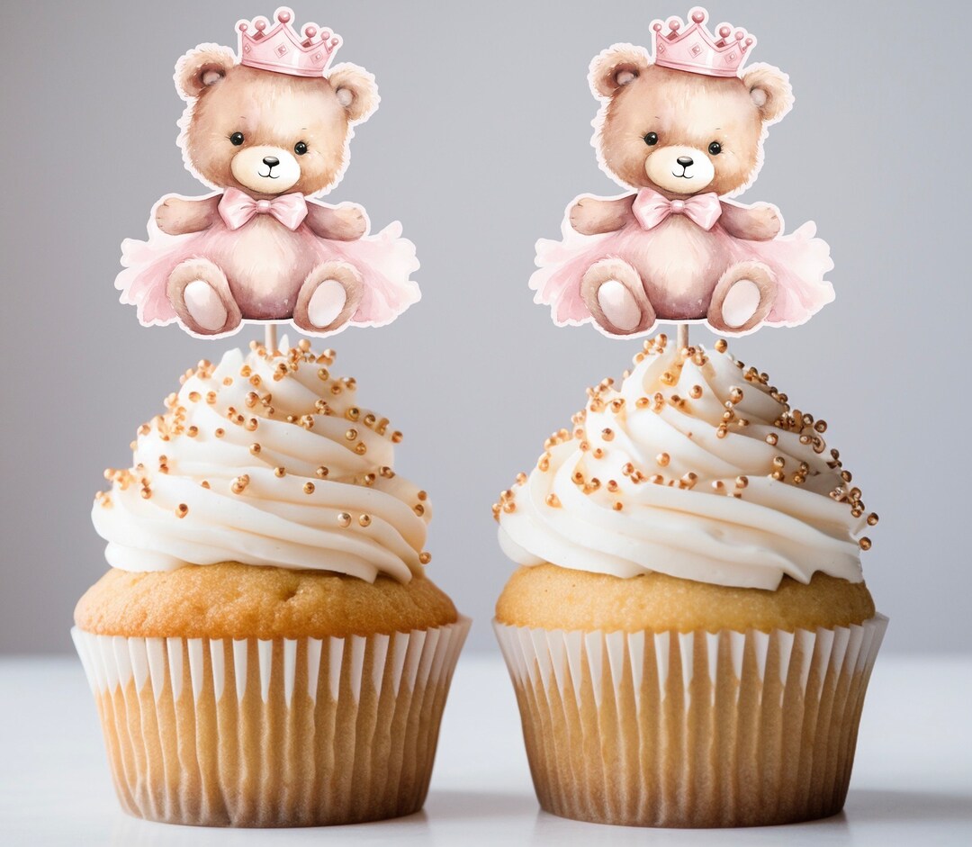 Pink Teddy Bear Princess Bear Watercolor Cupcake Toppers Baby Shower ...