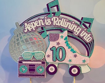 Roller skating birthday cake topper glitter cake topper Any number and name roller skating party roller skate cake topper retro cake topper
