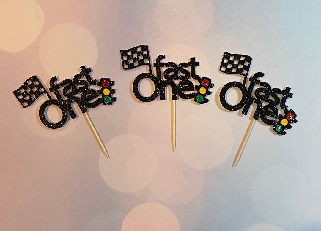 Fast One Cupcake Toppers Racing Birthday Glitter Cardstock Etsy