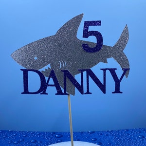 Shark Birthday cake topper - glitter cardstock- Any name, number and color
