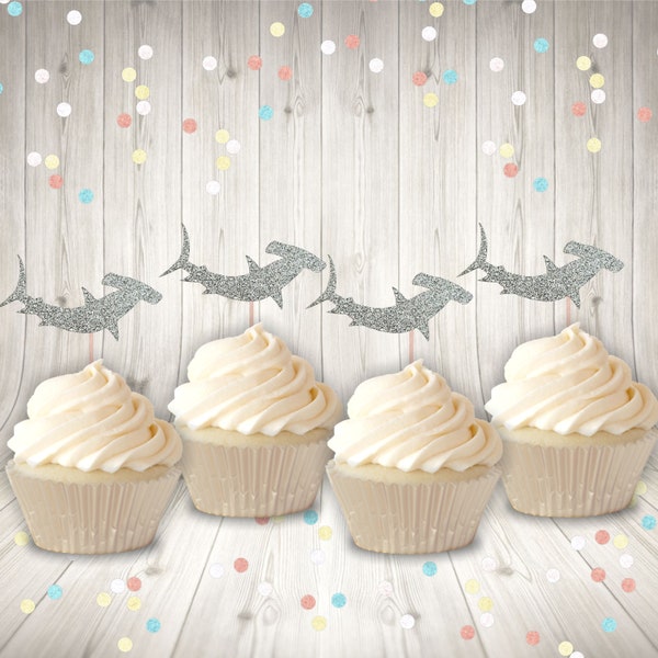 Hammerhead Shark Glitter cupcake toppers-  under the sea cupcake toppers- more color choices