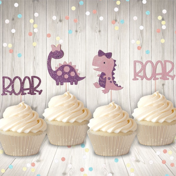 Dinosaur Glitter cupcake toppers- more color choices Dino cupcake toppers girl Dinosaur cupcake toppers Available without bows for boys