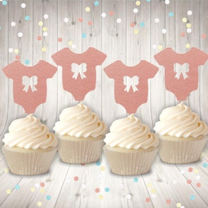 Baby girl onesie cupcake toppers glitter  baby shower bow cupcake toppers gender reveal cupcake toppers More color choices