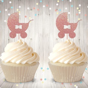 Baby girl stroller cupcake toppers glitter  baby shower bow cupcake toppers gender reveal cupcake toppers More color choices