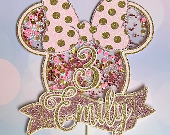 Minnie inspired birthday Shaker cake topper Any Number and name Glitter Birthday cake topper Shaker cake topper