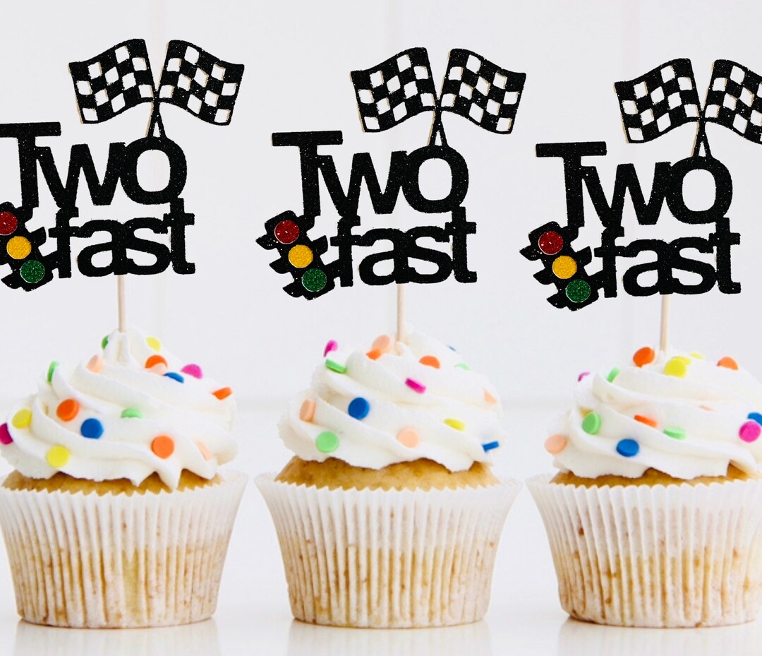Two Fast Cupcake Toppers Racing Birthday Glitter Cardstock Cupcake
