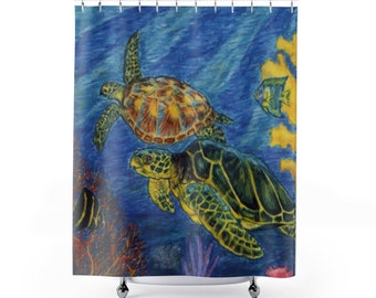 Sea Turtles, Ocean Decor Shower Curtain, Dolphins, Nautical Bathroom, Seashore Curtain