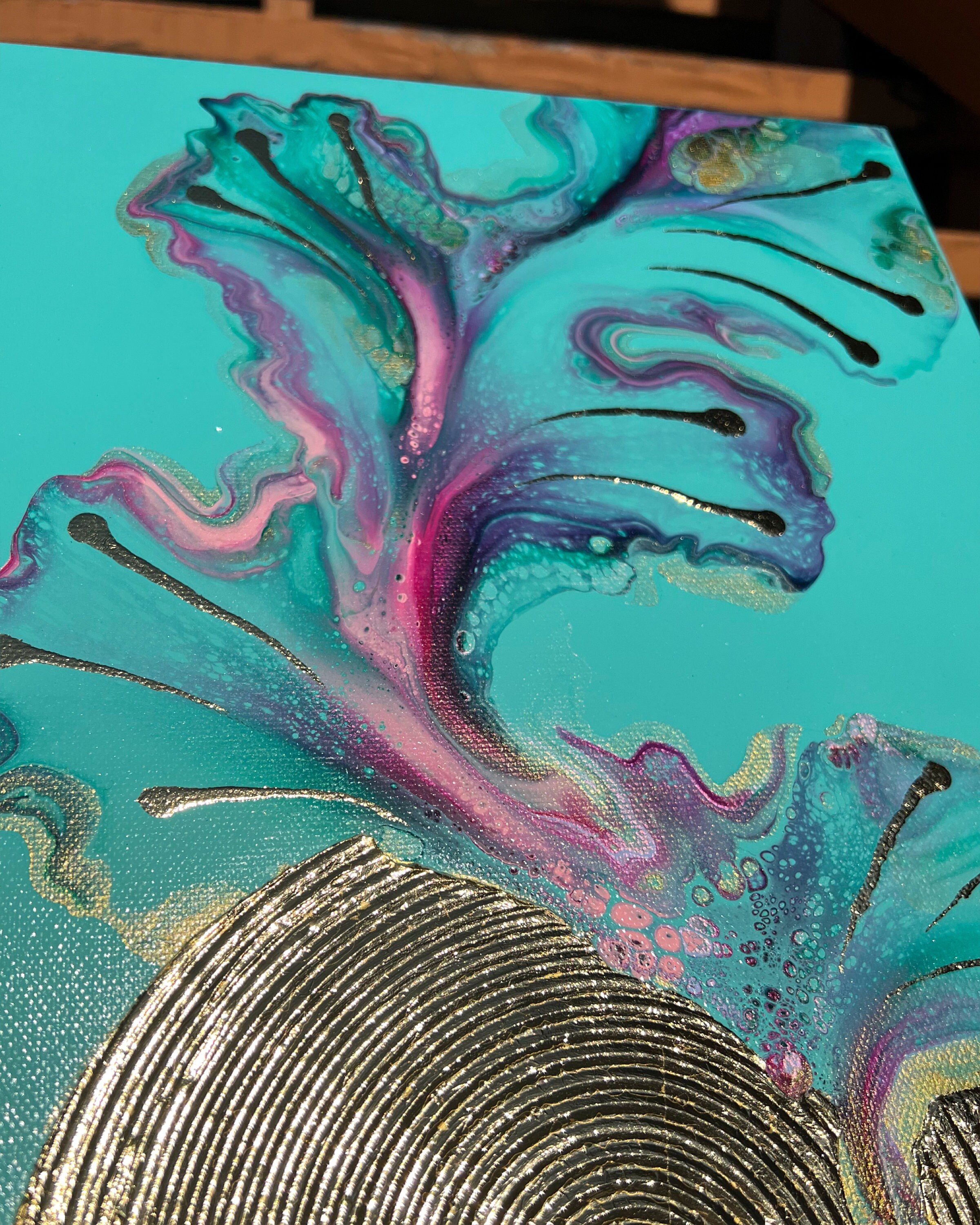 Fluid Art Dutch Pour With Gold Texture and Embellishments | Light Teal ...
