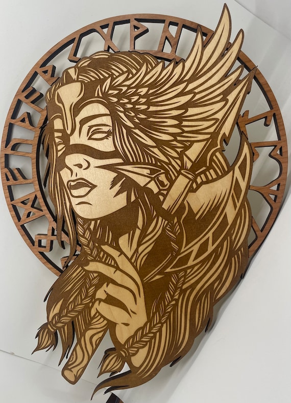 Valkyrie with Runes - Wood Engraving - Wall Art