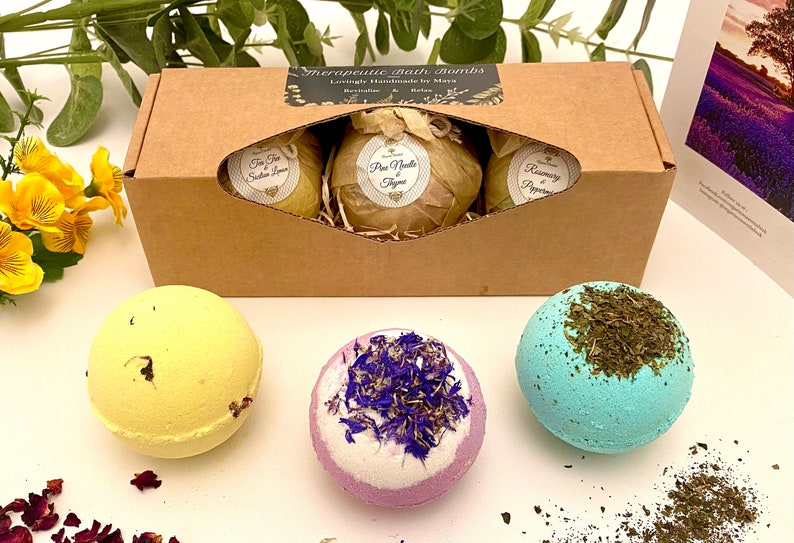 Luxury Organic Floral Bath Bombs, Handmade, Gift Set, Natural Essential Oils, Enriched with Organic Coconut Oils, Cocoa, Gift for Loved One image 5