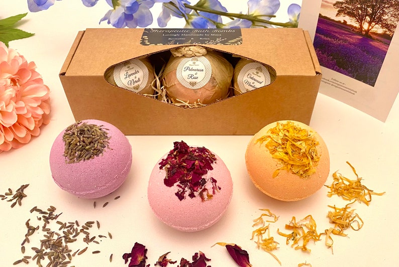 Luxury Organic Floral Bath Bombs, Handmade, Gift Set, Natural Essential Oils, Enriched with Organic Coconut Oils, Cocoa, Gift for Loved One image 1