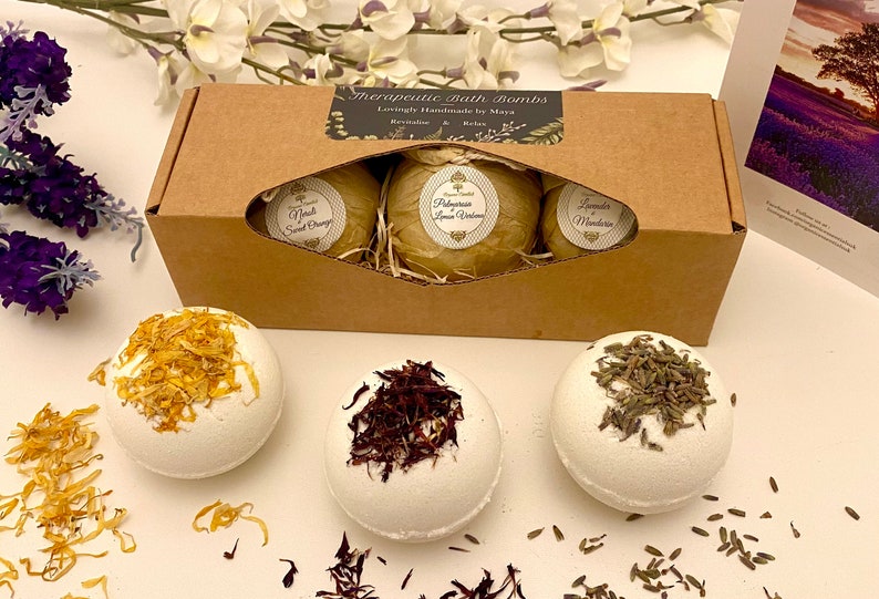 Luxury Organic Floral Bath Bombs, Handmade, Gift Set, Natural Essential Oils, Enriched with Organic Coconut Oils, Cocoa, Gift for Loved One image 4