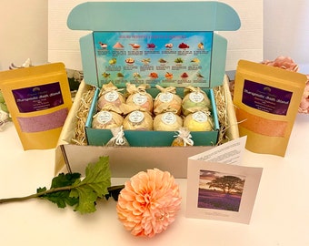 The Tranquility Gift Set, Eight Luxury Bath Bombs, Two Aromatic Bath Blended Salts, Gift for Your Loved One.