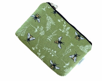 Bee Small Zipper Pouch, Green Pouch with Zipper, Small Makeup Bag, Zipper Bag, Zippered Pouch, Bee Keeper Gift, Canvas Zippered Pouch