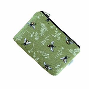 Bee Small Zipper Pouch, Green Pouch with Zipper, Small Makeup Bag, Zipper Bag, Zippered Pouch, Bee Keeper Gift, Canvas Zippered Pouch
