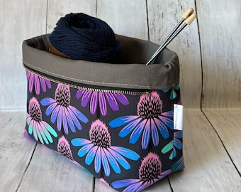 Echinacea Knitting Project Bag, Cross Stitch Project bag, Small Project Bag, Crochet Project Bag, Gift for knitter, Crochet Yarn Bag