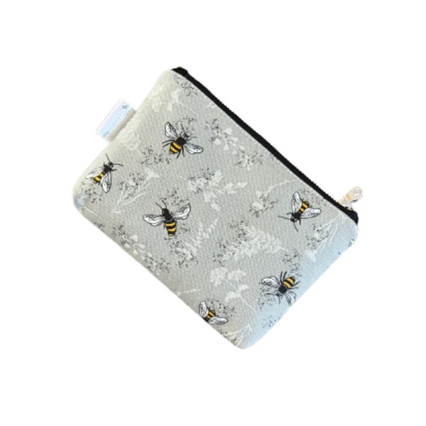 Bee Small Zipper Pouch, Gray Pouch with Zipper, Small Makeup Bag, Zipper Bag, Zippered Pouch, Bee Keeper Gift, Canvas Zippered Pouch