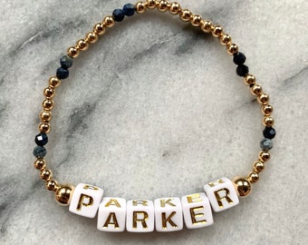 14K Gold & Blue Dumortierite Name / Initial Letter Bead Custom Bracelet