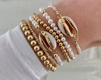 Set of 6 14K Gold, Pearl, & Cowrie Shell Bracelets