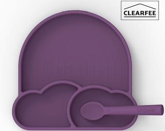 Clearfee Wolken Silikon Babygeschirr Set | Teller mit Saugnapf und Löffel | Kinderteller mit 3 Speiseteller | BPA Frei | Mikrowellengeeignet