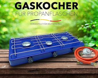 Réchaud à gaz réchaud de camping bleu 3 flammes pour bouteilles de gaz propane | Table de cuisson à gaz portable 3 feux | Réchaud de table de cuisson d'extérieur