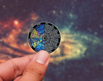 Puede incluir: Una pegatina redonda con un diseño segmentado y colorido. El lado izquierdo presenta secciones azules, amarillas y moradas, mientras que el lado derecho tiene un patrón de telaraña gris. El texto alrededor del borde dice "emotional", "your", "into", "I can't", "my fault" y "It's not".