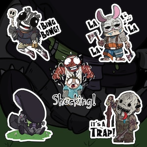 May include: Set of five cartoon stickers featuring characters with exaggerated expressions. One sticker says "Bing Bong!" and another says "Shocking!". Other stickers include a character with an axe and the text "La La La", and another with the text "It's a Trap!"