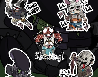 May include: Set of five cartoon stickers featuring characters with exaggerated expressions. One sticker says "Bing Bong!" and another says "Shocking!". Other stickers include a character with an axe and the text "La La La", and another with the text "It's a Trap!"