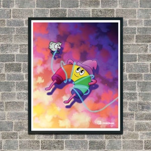 Könnte beinhalten: Ein gerahmter Kunstdruck mit einer skurrilen Cartoonfigur mit einem regenbogenfarbenen Körper, einem lila Hut und einem lächelnden Gesichtsausdruck. Ein kleines, flauschiges Wesen ist durch eine leuchtende blaue Linie mit der Figur verbunden. Der Hintergrund ist eine lebendige Mischung aus Lila, Rosa und Orange.