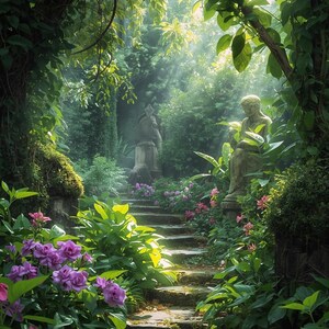 Puede incluir: Una escalera de piedra serpentea a través de un exuberante jardín, enmarcada por un follaje arqueado. Estatuas se alzan entre flores vibrantes en tonos de rosa, morado y rojo. La luz del sol atraviesa los árboles, creando una atmósfera serena y acogedora.