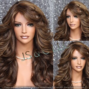 HUMAN HAIR Blend Long wig Wavy Caramel Brown Blonde mix Feathered Sides with bangs Heat Safe Cancer/Alopecia/Theater/Club