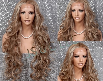 Human Hair Blend Wig Heat Safe Lace Front Wig Free Part Curly Long Light ash brown blonde mixed Cancer/Alopecia/Cosplay