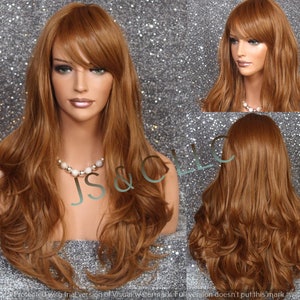 Beautiful Strawberry blonde Human hair Blend Wig Heat Safe Long wavy full Bangs Cancer Alopecia Cosplay Theater