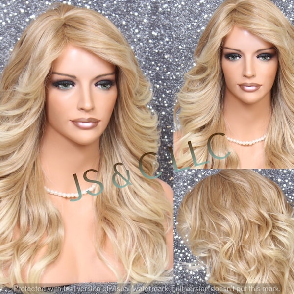 Human Hair Blend Long Full Luscious Heat OK Wavy Wig Romantic feathered sides Bangs layers of Beautiful Blonde Mix Cancer Alopecia