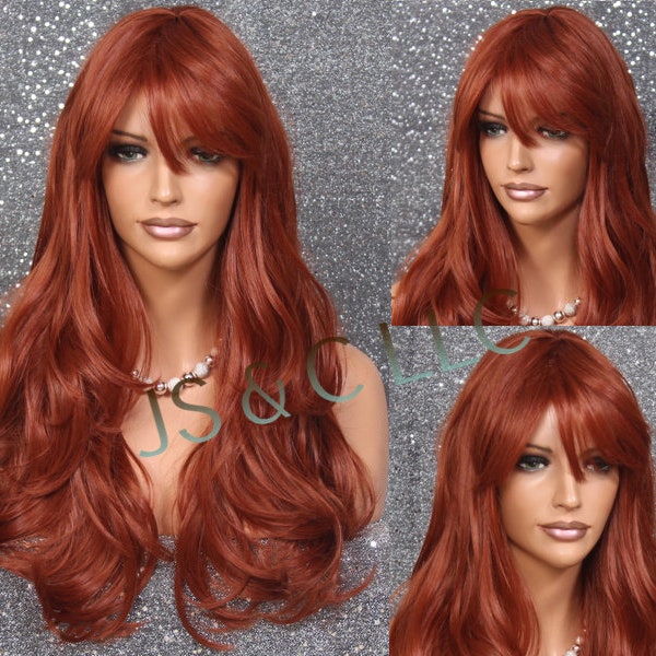 Copper Red/Red Auburn Human hair blend Wig Heat Safe Full Bangs Long and Wavy Cancer Alopecia Theather Cosplay