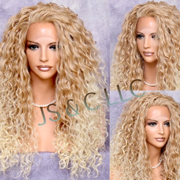 Human hair Blend Lace Front Wig Blonde Mixed Geled Curly textured Heat OK Free Part Long Cancer Alopecia Hair Loss Cosplay Theatrical