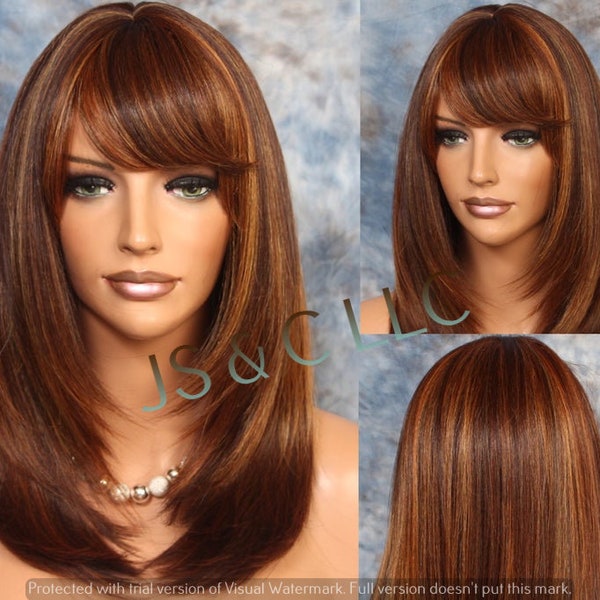 Natual Red Auburn Blonde mix Human hair Blend Heat Safe Wig Full Bangs Face Framing Straight Long Cancer Alopecia Theater Cosplay