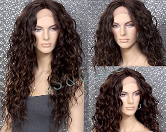 Brown Frosted Light Auburn mixed Human hair blend Lace Front Wig Center Hand Tied Part Water Wavy Heat OK Cancer Alopecia Theater Cosplay
