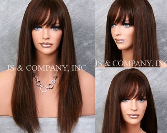 24" 100% Human Hair Wig Brown Auburn Mixed Bangs Layered Long Cancer/Alopecia/Cosplay /Theater