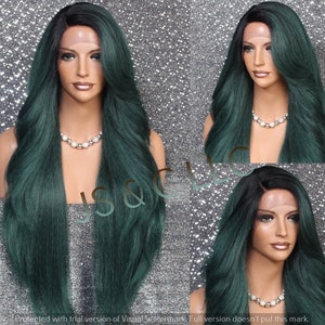 Dark Green Emerald Luscious Human Hair Blend Lace front wig with Feathered sides Long swept bangs and natural side parting Cancer Alopecia