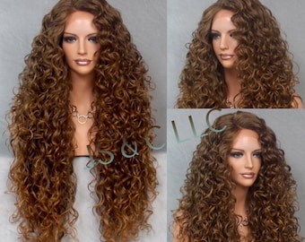 FULL Brown Mix Long Curly Lace Front Wig Human Hair Blend Mono Hand Tied side Part Wig Cancer/Alopecia/theater/Cosplay