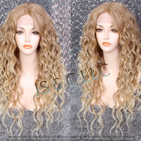 Blonde Mix Human Hair Blend Lace Front Wig Heat Safe California curls center Hand Tied Part Long and layered Cancer Alopecia Theater