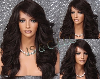 Dark Brown Human Hair Blend Long Full Heat OK Wavy Wig Romantic feathered sides Bangs layers Cancer/Alopecia/Cosplay Active